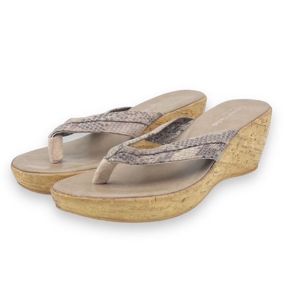 Lorenzo Chelini Taupe Faux Snakeskin Cork Wedge Sandal Thong Flip Flop Size 10 - Picture 6 of 16